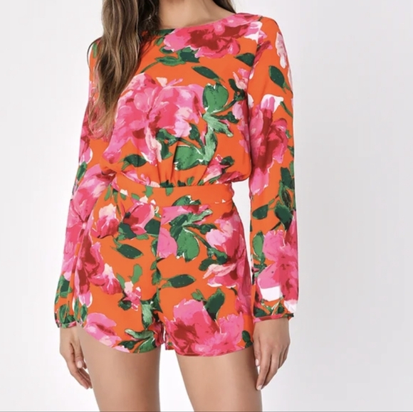 Lulu's Romper Sweetest Song Orange Floral Print Backless Long Sleeve NWT - Picture 3 of 16